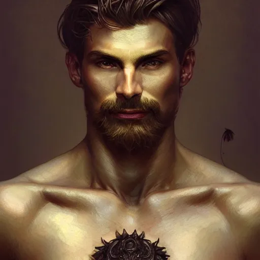 Image similar to portrait of forest god, male, clear face, masculine, upper body, muscular, fantasy, intricate, elegant, hairy torso, highly detailed, digital painting, artstation, concept art, matte, sharp focus, illustration, art by artgerm and greg rutkowski and alphonse mucha