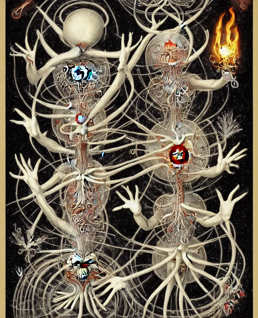 Image similar to whimsical freaky creature sings a unique canto about'as above so below'being ignited by the spirit of haeckel and robert fludd, breakthrough is iminent, glory be to the magic within, painted by ronny khalil