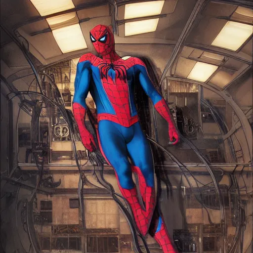 Image similar to ryan reynolds as a black and blue suit spider - man, cinematic, volumetric lighting, f 8 aperture, cinematic eastman 5 3 8 4 film, photorealistic by greg rutkowski, by stanley artgerm, by alphonse mucha