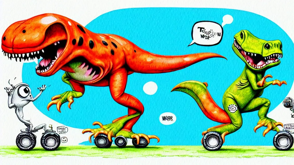 Image similar to cute and funny, t - rex wearing a t - shirt dancing with a ladybug of the same size, ratfink style by ed roth, centered award winning watercolor pen illustration, isometric illustration by chihiro iwasaki, edited by range murata, tiny details by artgerm and watercolor girl, symmetrically isometrically centered