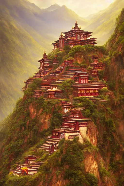 Prompt: Shangri-la at dawn, a Tibetan monastery at the edge of the cliff, powerfull, intricate, elegant, volumetric lighting, digital painting, highly detailed, artstation, sharp focus, illustration, concept art, ruan jia, steve mccurry
