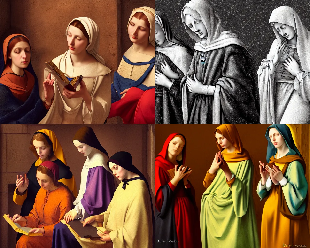 Prompt: photography of the three marys at the sepulchre, deep focus, biblical painting, illustration, art by artgerm and vermeer