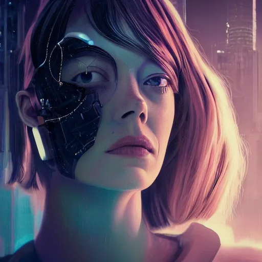 Image similar to Emma Stone as a human robot, cyberpunk, surrounded by smoke, award-winning art, hyperrealistic, by Sam Spratt, by Vlad Rodrig﻿u﻿e﻿z, trending on Artstation, dark, dramatic, cinematic, realistic studio lighting, raytracing, 4k, professional, canon