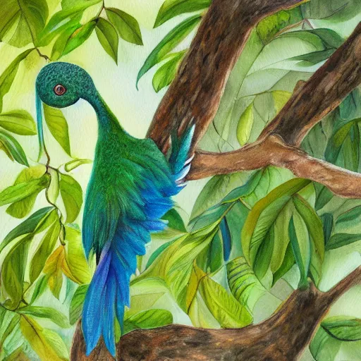 Prompt: A realistic painting of a Resplendent Quetzal in a wild avocado tree, watercolour, pastel colours