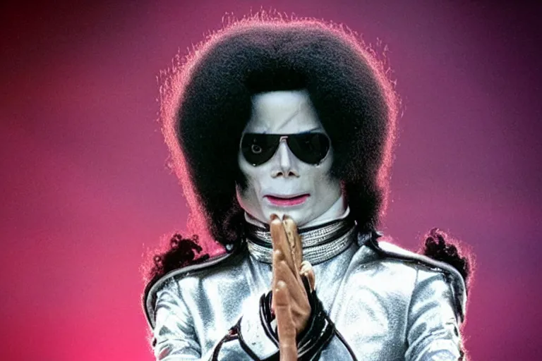 Image similar to Tilda Swinton as Michael Jackson in 'Jackson 5!' (2020), movie still frame, promotional image, imax 70 mm footage, oscar nominated cinematography, volumetric lighting, 8k resolution