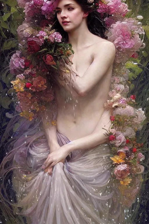 Image similar to portrait of a beautiful mysterious woman holding a bouquet of flowing flowers, wet dripping long hair, hands hidden under the bouquet, emerging from the water, fantasy, regal, intricate, by stanley artgerm lau, greg rutkowski, thomas kindkade, alphonse mucha, loish, norman rockwell