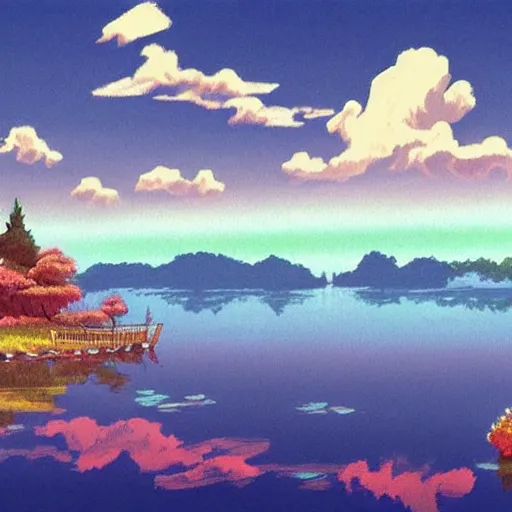 Prompt: a beautiful lake, fantasy art, 2 d, by studio ghibli