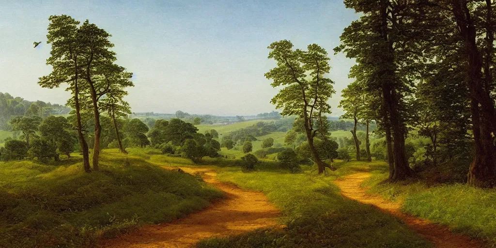 Image similar to a beautiful landscape painting of a path through countryside fields and patches of woodland, by caspar david friedrich, oil on canvas, highly detailed, hd, 4 k