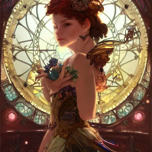 Image similar to ultra realistic illustration of steampunk magical fairy, clocktower, industrial, factory, magic spells, lenses, colorful lights, intricate, elegant, highly detailed, digital painting, artstation, concept art, smooth, sharp focus, illustration, art by artgerm and greg rutkowski and alphonse mucha