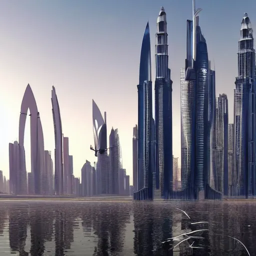 Image similar to futuristic skyline of dubai in the year 2 0 5 0 inspired by cyberpunk with flying spider drones