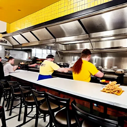 Image similar to busy wafflehouse interior with customers eating breakfast and wafflehouse employees serving food and cooking behind countertop