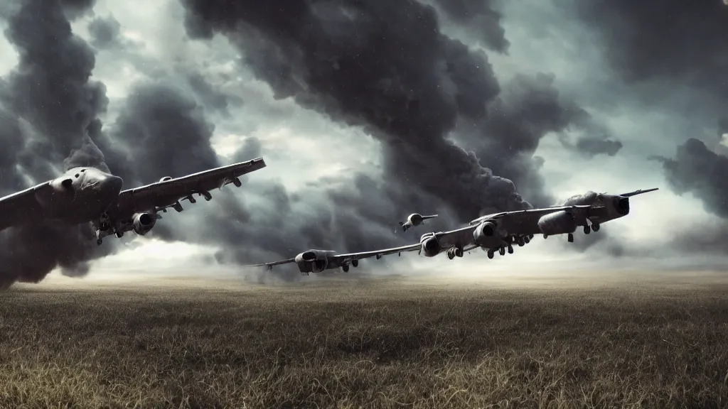 Prompt: an alternate reality c - 5 galaxy crashed and burning in a field, thick black smoke billowing, turbulent storm clouds, dystopian, fog, sharp focus, octane render, imax