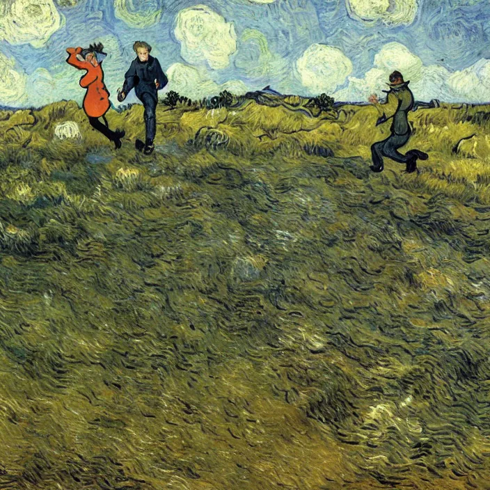 Image similar to adult man and woman playing on the open moorland, painting by van gogh