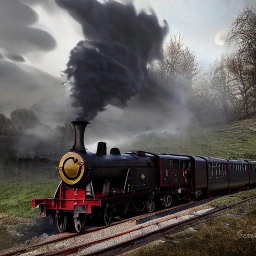 Image similar to the hogwarts express jacobite steam train, the train is coming at the camera, loads of steam, dramatic light, night scene, greg rutkowski, zabrocki, karlkka, jayison devadas, trending on artstation, 8 k, ultra wide angle, zenith view, pincushion lens effect