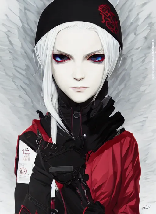 Image similar to techwear occultist, white hair home cut red eyes, by kyoto animation, chaos magick, leviathan cross, androgynous, beautiful, detailed symmetrical close up portrait, intricate complexity, in the style of artgerm and ilya kuvshinov, cel shaded