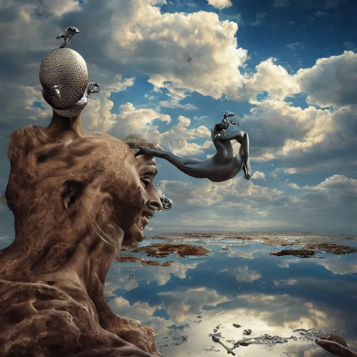 Image similar to hyperrealistic random objects in a surreal minimalistic dreamscape environment by salvador dali, enormous melting mannequin head statue, highly detailed, 3 d render, beautiful clouds, octane, beautiful lighting, photorealistic, intricate, elegant, wayne barlowe, water, mirrors, doorway, beautiful, masterpiece, trending on artstation, artgerm, checkered floor