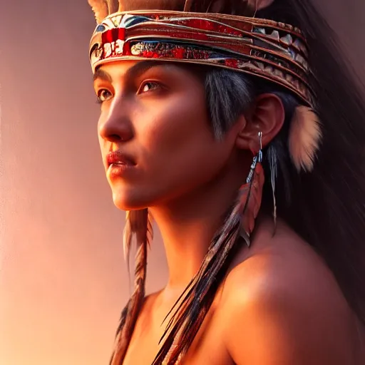 Prompt: expressive oil painting, of alluring native american princess warrior, seductive look, smooth glowing skin, glistening body, sweat, slender, ornate headpiece made of feathers, glamour shot, digital concept art, octane render, 5 0 mm, dramatic lighting