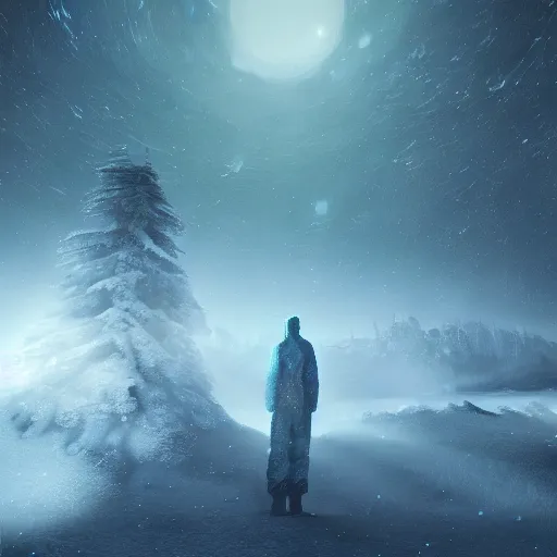 Image similar to an astral man on a snowy biome at night, starry, fantasy, hyper realism, behance, artstation, unreal engine 5, octane, deviantart