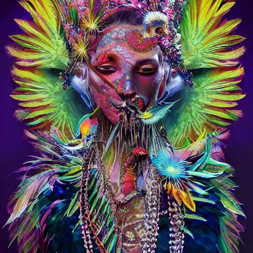 Image similar to A reality bending psychedelic ayahuasca experience, colorful, distorted, surreal, tropical bird feathers, bones and teeth necklaces, dramatic lighting on the face, intricate, elegant, highly detailed, digital painting, concept art, smooth, sharp focus, illustration, art by Krenz Cushart and Wayne Barlowe and alphonse mucha