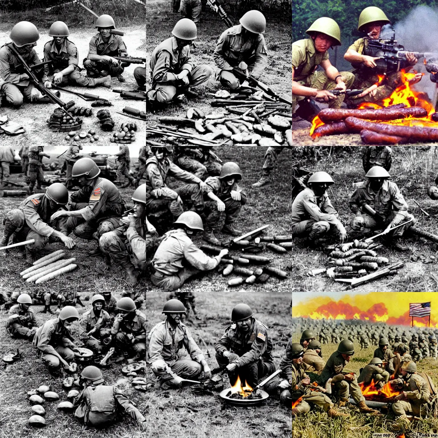 Prompt: soldiers roasting weenies in the middle of the vietnam war battle with explosions in the background