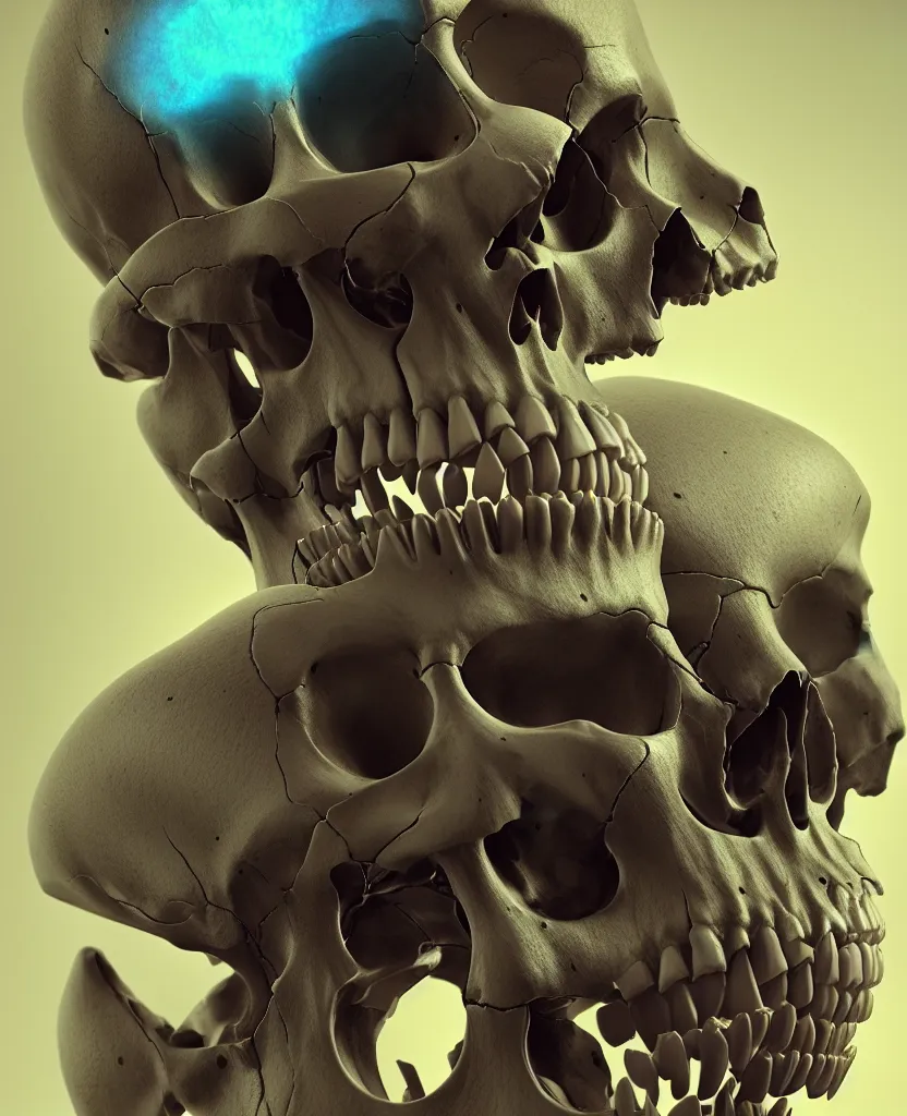 Image similar to composition of human skulls, animals skulls, bones, rib-cage and orchids, bioluminiscent, by Tooth Wu and wlop and beeple. octane render, trending on artstation, greg rutkowski very coherent symmetrical artwork. cinematic, hyper realism, high detail, octane render, 8k