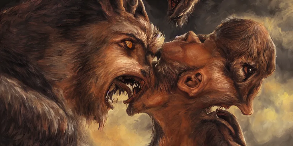 Image similar to oil painting of a werewolf kissing another werewolf, detailed, 4k, fantasy