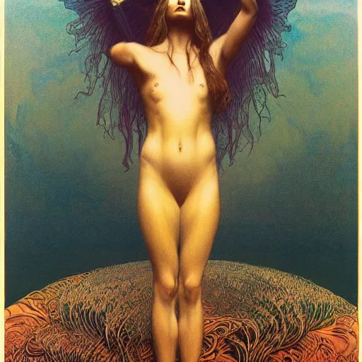 Image similar to queen of jupiter by zdzisław beksinski and alphonse mucha. highly detailed, hyper - real, beautiful