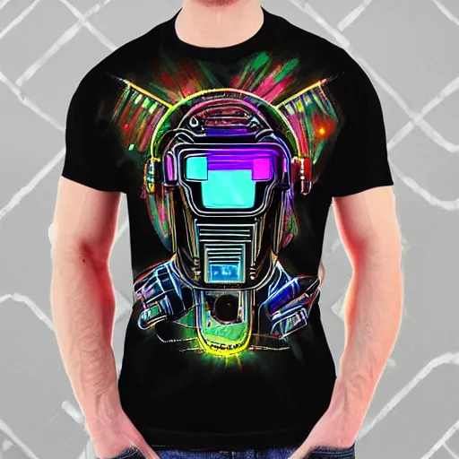 Image similar to black tshirt with a hyperdetailed portrait of a trippy diesel punk robot, 8 k, symetrical, flourescent colors, halluzinogenic, multicolored,