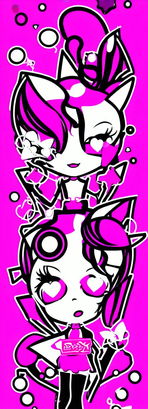 Image similar to digital illustration, kawaii cyber pixie, vector, white and black and fuchsia colors, y 2 k aesthetic, graphic design, typography logotype