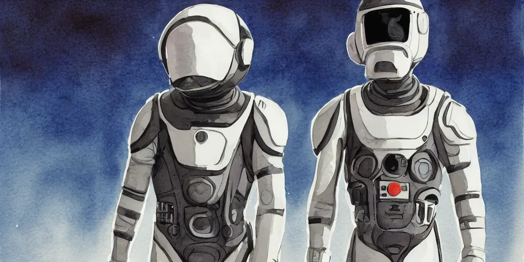 Image similar to male, full body, wide shot, modern space suit, intriguing helmet, very stylized character design, the expanse tv series, large shoulders, short torso, long thin legs, tiny feet, science fiction, hyperdetailed, technical suit, dieselpunk, watercolor digital painting, in the style of bruce timm, by alex maleev