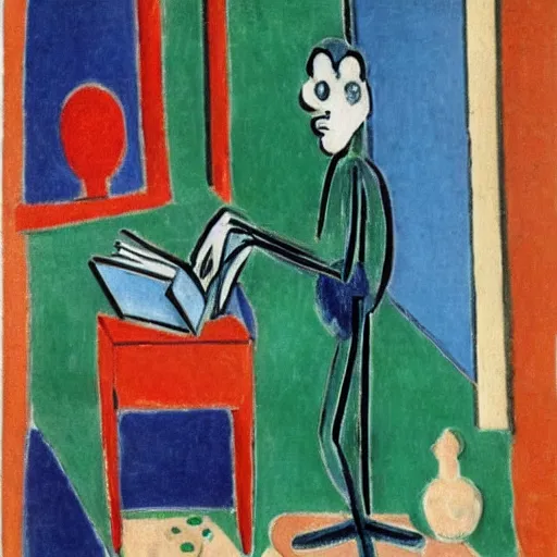 Image similar to a robot reading a book by henri matisse