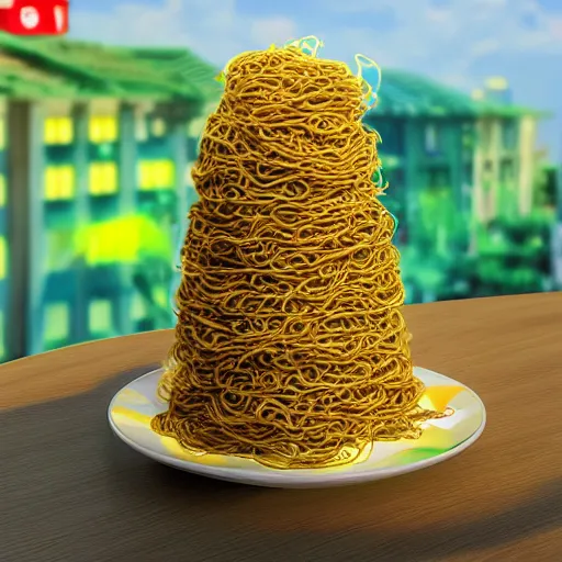 Prompt: indomie mi goreng noodles tower, marketplace, solarpunk, photo realistic, gourmet