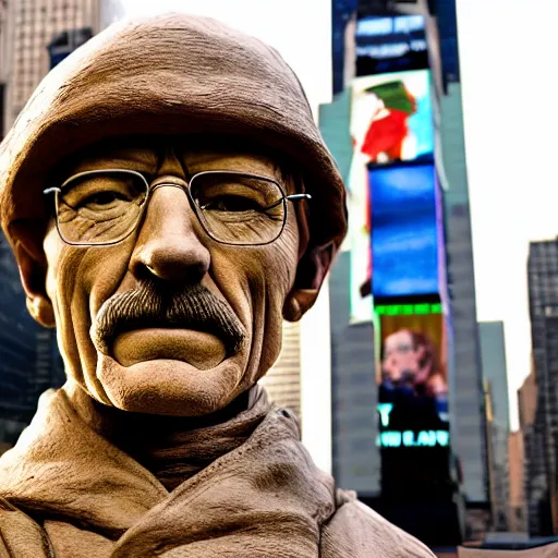 Image similar to extreme long - shot photograph of a very detailed renaissance clay sculpture of walter white wearing a phrygian cap in times square, made by michelangelo, hyper detailed, sharp focus, 8 k resolution, ray tracing