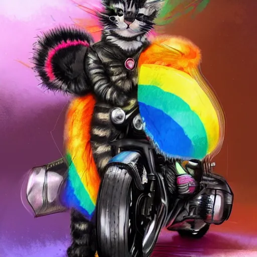 Image similar to wide angle full body, jacket wearing fluffy cute rainbow kitten wearing a black leather motorcycle jacket, riding on a motorcycle, cinematic concept art