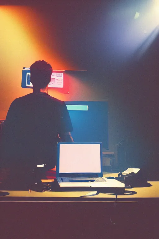 Image similar to agfa vista 4 0 0 photograph of a guy sitting at a computer desk in a cluttered room, back view, synth vibe, vaporwave colors, lens flare, moody lighting, moody vibe, telephoto, 9 0 s vibe, blurry background, grain, tranquil, calm, faded!,