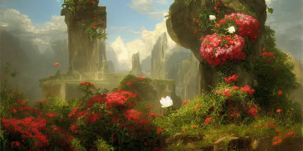 Image similar to Thomas Cole, artgem, Tyler Edlin and Jean Delville, wide angle, minimalistic, robot head with flowers growing out, highly detailed, masterpiece