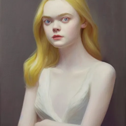 Prompt: Painting of Elle Fanning bringing about the age of fire, long blonde hair, delicate, pale milky white porcelain skin, by Edward Hopper. 8K. Extremely detailed.