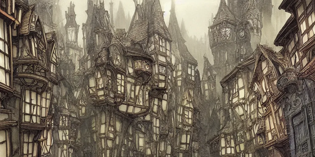 Prompt: a multi - level steep gothic dickensian village, art nouveau, baroque winding cobbled streets, style of arcane, magic the gathering, misty alleyways, tiled roofs, balconies, medieval tumbledown houses, st cirq lapopie, by ian mccaig, brian froud and mucha and alan lee