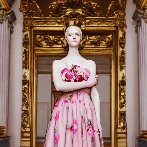 Image similar to Young lady full length shot wearing valentino resort sleeveless dress pink flowers in the style of baroque realism standing inside lourve, 8K, background renaissance paintings with gold