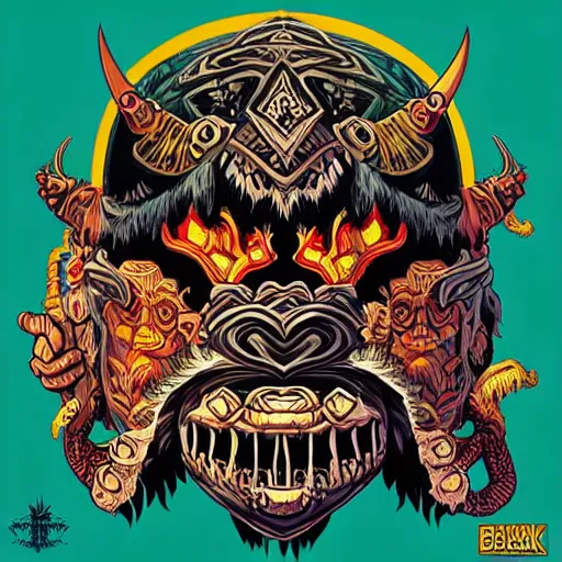 Image similar to barong family, wiwek, mara demon, one single tribe member, jungle, one single mask, dark, ancient warrior, stupid dump gorilla, tribal, inner glow, art by dan mumford and justin gerard