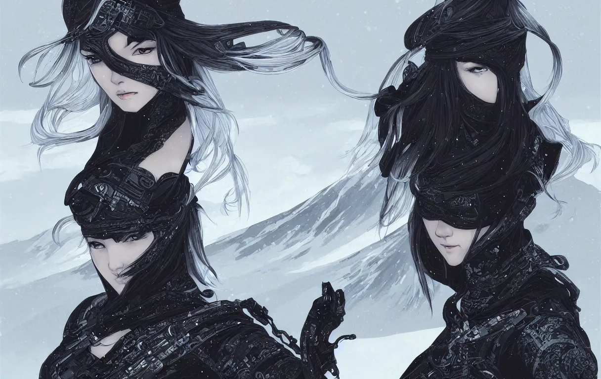 Image similar to portrait ninja gaiden girl, black plus white ninja wardrobe, at snowy fuji mountain sunrise, ssci - fi and fantasy, intricate and very very beautiful, detailed, digital painting, artstation, concept art, smooth and sharp focus, illustration, art by tian zi and wlop and alphonse mucha