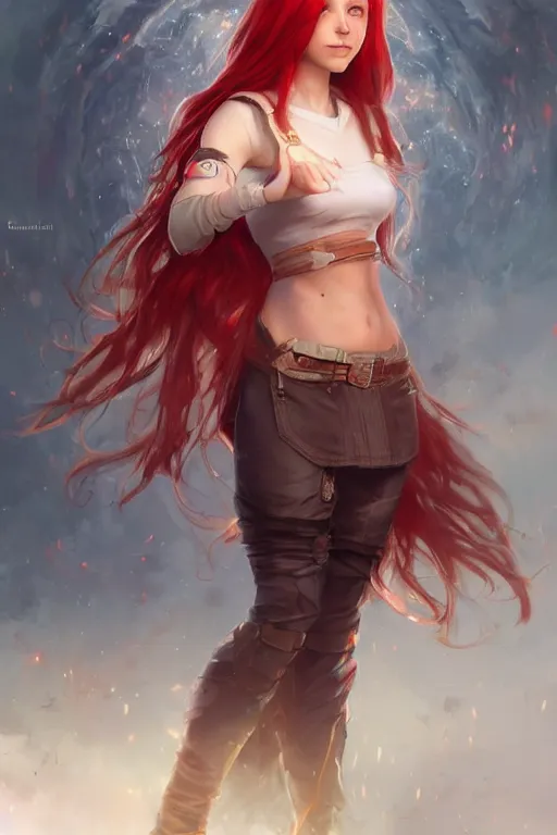 Prompt: beautiful cute red haired joyful and playful 1 9 year old maiden standing up in casual clothing, long hair, rpg character, sci - fi, fantasy, intricate, elegant, digital painting, artstation, concept art, smooth, 8 k frostbite 3 engine, ultra detailed, art by artgerm and greg rutkowski and magali villeneuve
