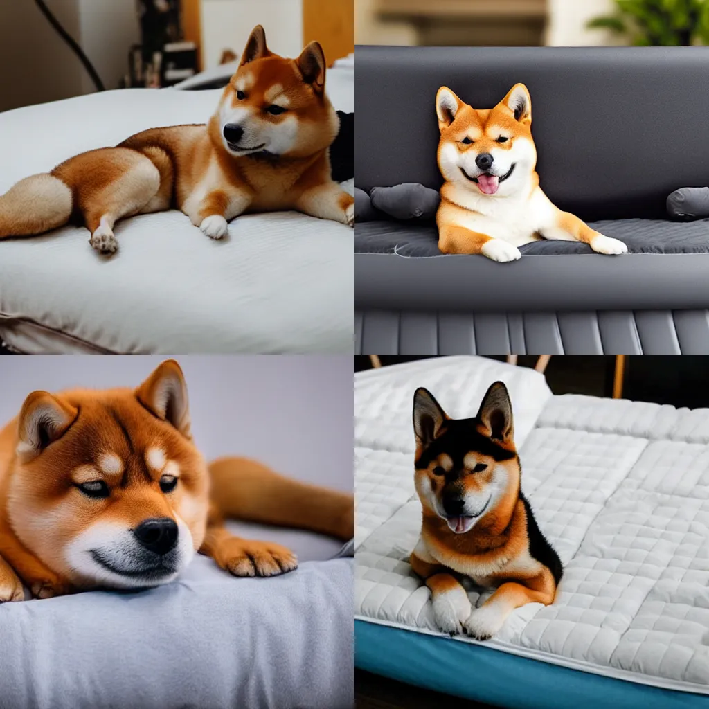 Prompt: A shiba inu laying on an air mattress