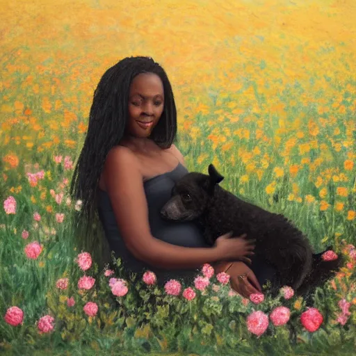 Image similar to a pregnant east african woman with her black puppy in a vast field of flowers, relaxing, wide shot, golden hour, vintage, impressionist painting, fine art, oil painting, dreamy, pastel, laughing, happy, intricate details, sharp, peaceful, serene