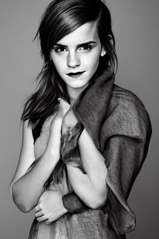 Image similar to High Quality Photograph of Emma Watson!!, Portrait, Cinematic Lighting, 100mm Lens, Boudoir!, Flat Background, Award winning photography