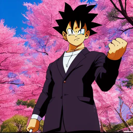 Image similar to ultrawide photo of goku wearing tuxedo standing in front of sakura trees, highly detailed, 8 k