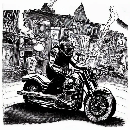 Image similar to hells angel biker riding through a burning street, intricate ink drawing, highly detailed in the style of jamie hewlett