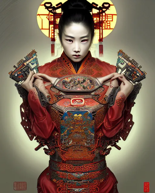 Prompt: portrait of a chinese cyberpunk machine, machine face, upper half portrait, decorated with chinese opera motifs, regal, asian, fine china, wuxia, traditional chinese art intricate intense elegant 京 剧 highly detailed digital painting artstation concept art smooth sharp focus illustration, art by artgerm and greg rutkowski alphonse mucha 8 k