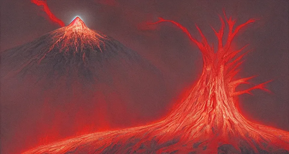 Image similar to a volcano made of ivory vines and crimson rocks enters in eruption, it spits a smoke in the shape of demonic eye, by john howe