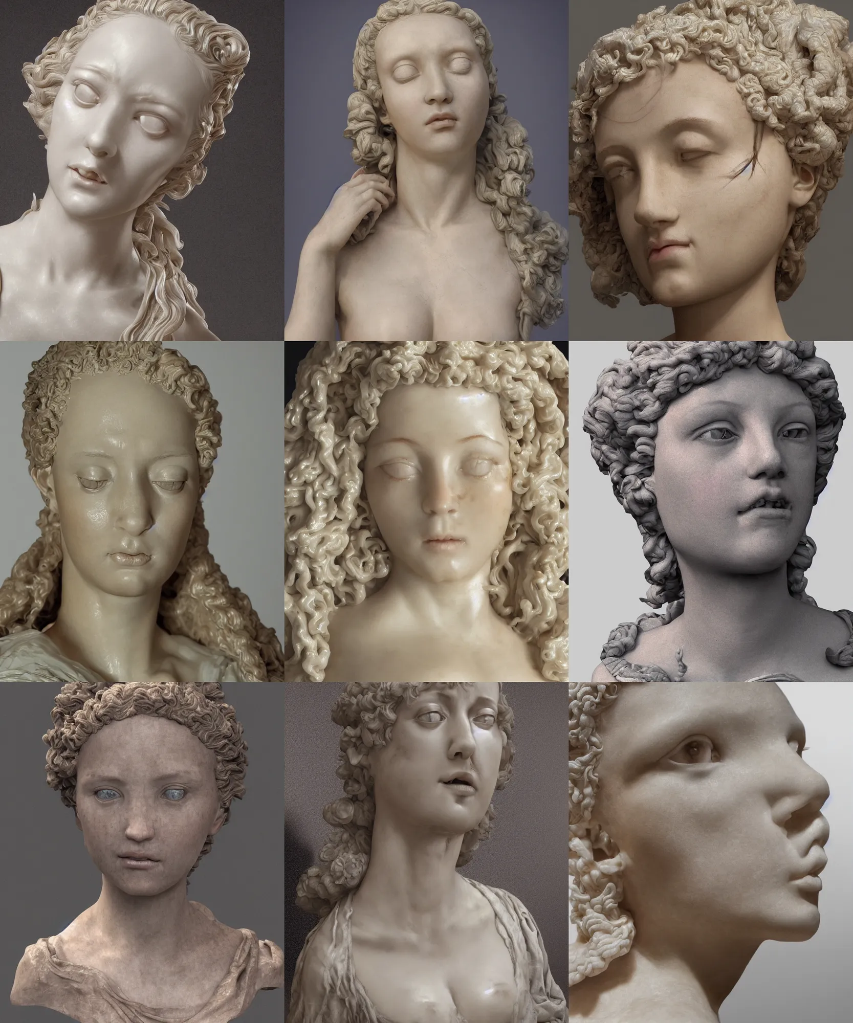 Prompt: the beautiful delicate renaissance wax goddess with melted face, highly detailed melted wax, gi, global illumination, physically based rendering, photorealistic, top light, by Livio Scarpella, Bernini, white background